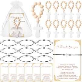 Ecation 24 Sets Baptism Favors for Guests 24 Pcs Wood Finger Rosary Mini Pocket Rosary 24 Pcs Cross Bracelet Religious Bracelets and Organza Bags Baptism Gifts for Baby Shower Birthday Party