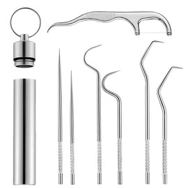 Foyods 7-Piece Stainless Steel Toothpick Set, Portable Metal Toothpicks and Reusable Titanium Toothpicks for Outdoor Camping, Picnic, Travel, Steel Toothpick with Holder, Cleaning Set