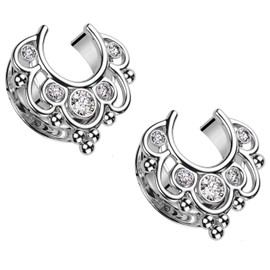 Pierced Owl 316L Stainless Steel CZ Crystal Floral Filigree Saddle Tunnels, Sold as a Pair (Silver Tone, 19mm (3/4"))