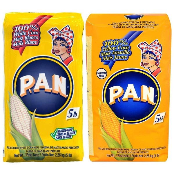 P.A.N. White and Yellow Corn Meal Bundle – Pre-cooked Gluten Free and Kosher Flour for Arepas (5 lb ea.)