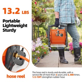 SPECILITE Portable Garden Hose Reel with 75ft Rubber Water Pipe+6.5ft, Wall Mount Lightweight Winder Combo with Nozzle for Outside, Yard, Patio