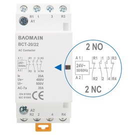 Baomain 24V AC 4-Pole Modular Contactor, 20A 2NO2NC Normally Open + Normally Closed, DIN Rail Mount for HVAC, Motor, Pump & Lighting Control BCT-20/22-24VAC