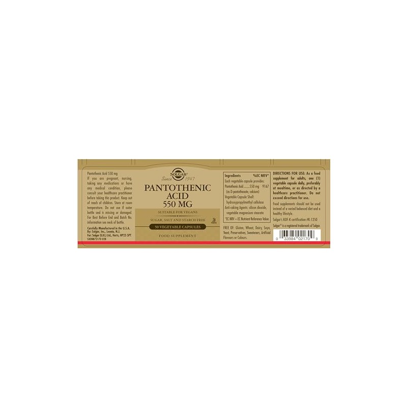 Solgar Pantothenic Acid 550 mg Vegetable Capsules - Pack of