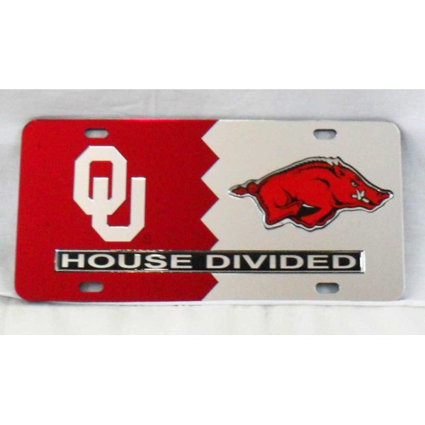 The University of Oklahoma/University of Arkansas House Divided Laser Cut Inlaid Mirror Tag