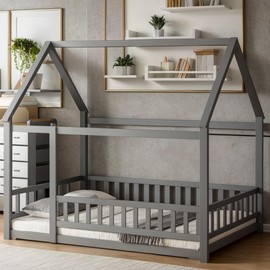 PVWIIK Full Size Montessori Floor Bed with Roof & Fence Guardrails for Boys Girls Bedroom,Full Size Floor Wooden Bed Frame,Easy Assemble,No Box Spring Needed, Grey