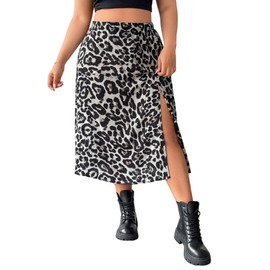 GORGLITTER Skirt Women's Curve Large Sizes Midi Skirt Leopard Casual Skirt High Elastic Waist Casual Skirt Party Skirt with Slit Festival Outfit, gray, XXL