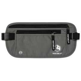 VENTURE 4TH Money Belt for Travel – Hidden Under-Clothes RFID Blocking Passport Holder & Slim Travel Wallet Pouch for Men & Women to Protect Cash, Cards & Documents (Gray)