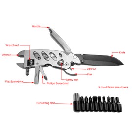 ZOVEDAIUG Multitool Wrench With 7 Tools/Pliers/Wire Cutter/Flat Screwdriver/Phillips Screwdriver, Portable Adjustable Pocket Multitool Wrench Plier Folding Multipurpose Tool (Silver)