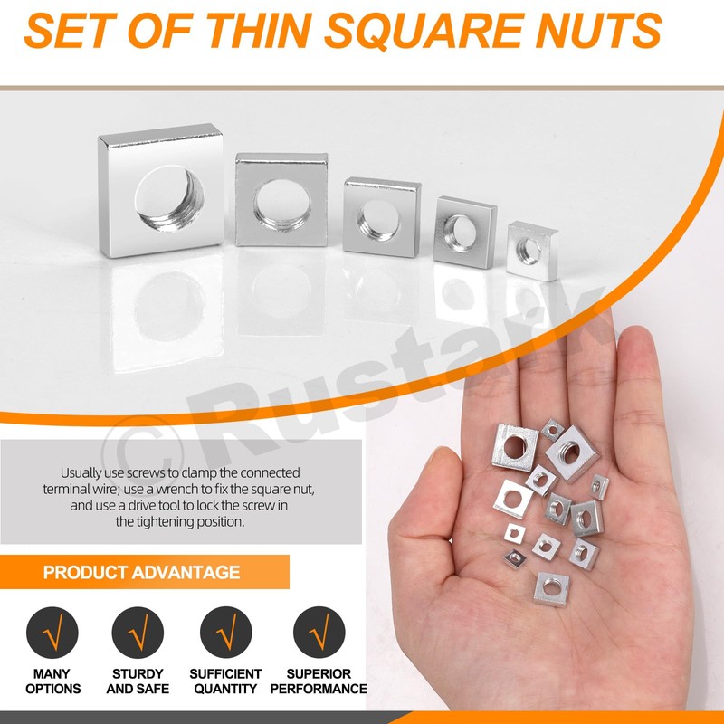 Rustark 90Pcs M3 M4 M5 M6 M8 Square Nuts Assortment