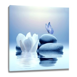 EOBTAIN Zen Canvas Wall Art Blue Floral and Butterfly on Stone Framed Wall Art for Bathroom Living Room Bedroom Modern Spiritual Yoga Spa Picture Canvas Art Wall Decor,12x12 Inches