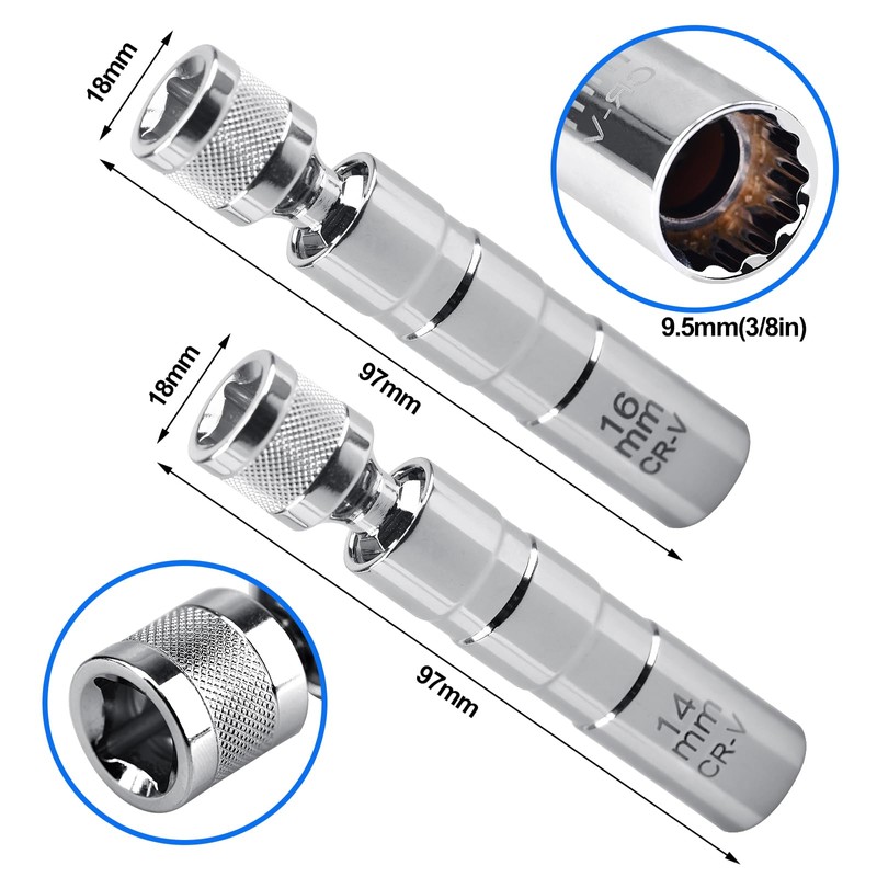 2 pieces universal flexible spark plug wrench, 14 mm and