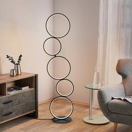SUNLLOK Modern 5 Rings Dimmable LED Floor Lamp for Living Room, Industrial Black Circle Standing Lamp with Switch, Black Tall Reading Floor Light for Kitchen Island, Bedroom, Office, Restaurant