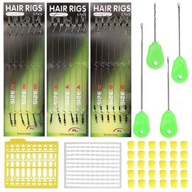 Carp Fishing Hair Rigs Kit - 18pcs High Carbon Steel Hook Rolling Swivel Boilies Carp Fishing Rigs with 2 Card Boilie Bait Stops 4 Sizes Stringer Needles 30pcs Soft Corn Baits