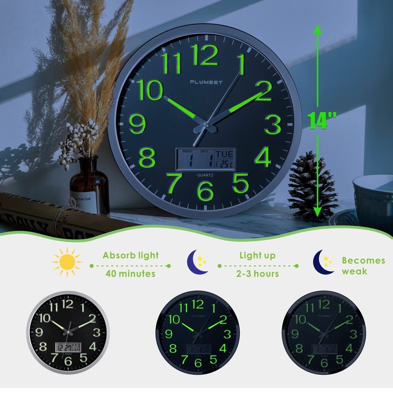 Plumeet Night Light Wall Clock, 14’’ Large Bedroom Wall Clocks