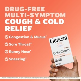 Genexa Cold Crush | Multi-Symptom Cough & Cold Relief for Adults | Delicious Organic Acai Berry Flavor | Certified Organic & Non-GMO | Homeopathic Remedy Made Clean | 60 Chewable Tablets