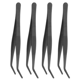 sourcing map 4pcs Stainless Steel Tweezers 6.3 Inch Long Curved Serrated Tip Tweezers Multi-Purpose Kitchen Tongs for Cooking Gardening Repairing Craft, Black