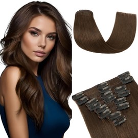 Elailite Clip-In Real Hair Extensions, 8 Wefts, Straight, #2A Liver Brown, Real Human Hair, 50 cm - 70 g