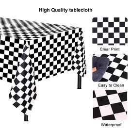Dulousia Black White Checkered Party Tablecloth, 2pcs Classic Checkerboard Disposable Rectangle Plastic Table Covers, Waterproof Flag Racing Tablecloth 54x108in, Race Car Theme Birthday Table Decor