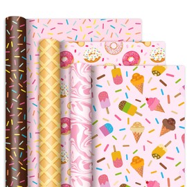 JarThenaAMCS 3 Rolls Sweet Wrapping Paper -Mini Roll- 17 In x 16.4 Ft Donuts Candy Sprinkle Ice Cream Gift Wrap Paper for Holiday Wedding Baby Shower Birthday Party Wrapping Supplies