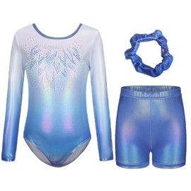 Boteria Gymnastics Leotards for Girls with Shorts Set,Long Sleeveless Dance Leotard Sparkle Dancewear for Kids 3-13 Years (Gradient Blue-long sleeved, 7-8 Years)