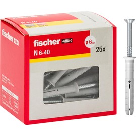 Fischer 508273 Extension Dowel for Tapping N 6 x 40 Y, Impact Attachment with Pre-Assembled Nail for Full, Semi-Filled and Concrete, 25 Pieces per Pack, Grey, 6 x 40 mm