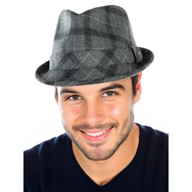 Funky Junque Mens Wool Blend Short Brim Fedora Hat Classic Winter Trilby Vintage Church Dress Style - Checkered Light Grey