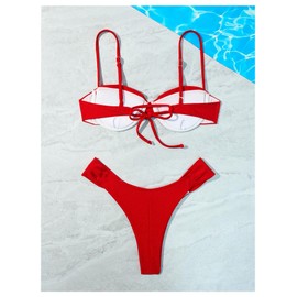 SweatyRocks Women's Two Piece Swimsuit Ruched High Cut Mid Rise Bikini Sets Swimwear Red Large