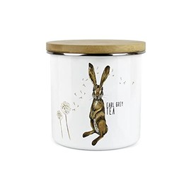 Purely Home Hares and Dandelions Earl Grey Tea Storage Canister by Rhiannon Chauncey - White Metal Enamel Kitchen Food Storage Container