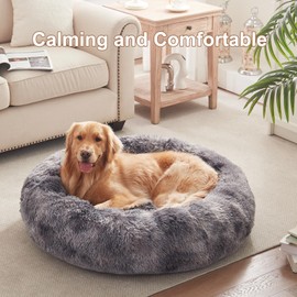 BedStill 36 inches Donut Dog Bed for Large Dogs - Calming Fluffy Round Pet Bed with Removable & Washable Cover,Fits up to 100 lbs Pets (Tie-dye Grey,Large)