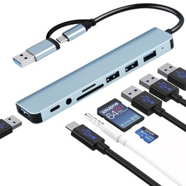 HEILUON Hub USB C 8 en 1,USB 3.0 con Jack 3.5mm, Adaptador de Puertos USB Múltiple para Laptop, 4 Puertos USB, 1 Puerto USB-C, Lector de Tarjetas TF & SD, Compatible con MacBook, ProPad y Tablets
