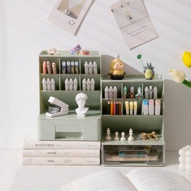 ＹＷＨＷＬＸ Desk Organiser with Storage Drawers, Large Capacity Desktop Makeup Organiser, Pen Holder with Stationery Drawer, for School Home Office Bathroom (Green)