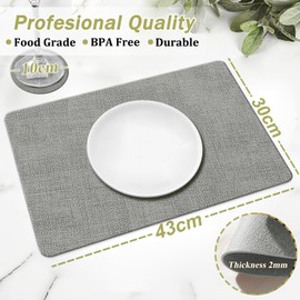 YUNJUER 4 Leather Placemats + 4 Round Coasters Set, Heat Resistant 212 °F PU Place Mats, Non Slip and Washable, Decoration Accessories for Home, Hotel, Indoor, Outdoor, Dining Table, 43x30cm, (Grey)