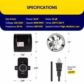 iPower 8" Inline Booster Duct Fan 430 CFM with Speed Controller for Grow Tent 2 Pack