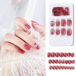 Ginojex False Nails 24Pcs Pink Short Manicure Kit 3D Press on Fake Nails Artificial Fingernail Bowknot Pearl Decoration Fast Wearable Jelly Glue Full Cover Reusable
