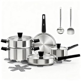 ASKSCICI Stainless Steel Cookware Set, 14-Piece Pots and Pans Set, Kitchen Cookware Set with Stay-Cool Handle, Non-Toxic, Dishwasher Safe & Compatible with All Stovetops (Gas, Electric & Induction)