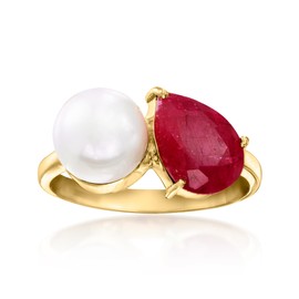 Ross-Simons 7.5-8mm Cultured Pearl and 3.00 Carat Ruby Toi Et Moi Ring in 18kt Gold Over Sterling. Size 9