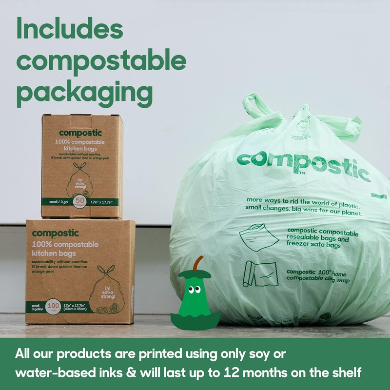 Compostic Home Compostable Trash Bags, 2.99 Gallon Small Kitchen Rubbish