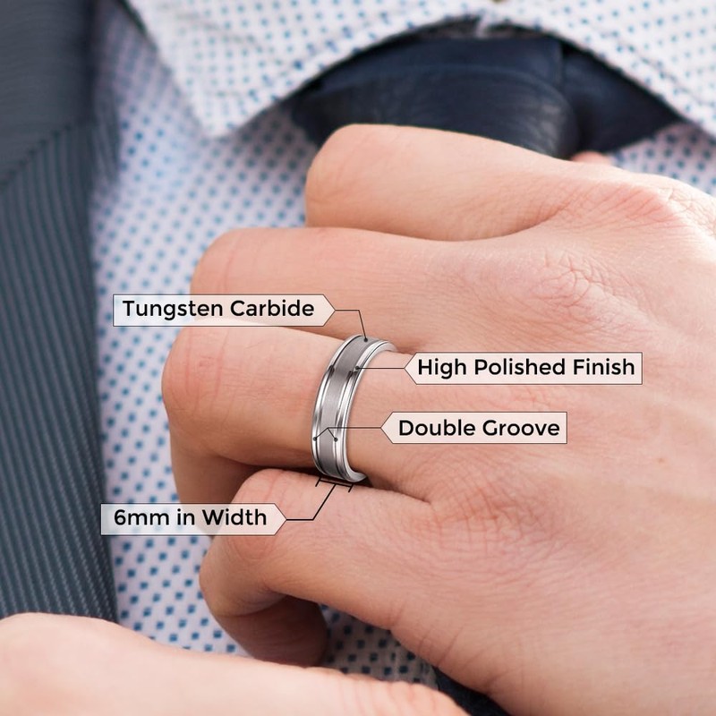 TUNGSTORY Mens Tungsten Wedding Bands Silver Rings 6mm Double Groove