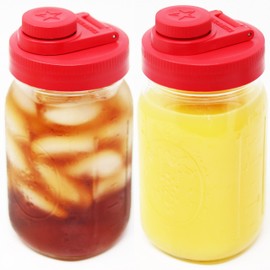 Brewing America Glass Mason Jar Pitcher with Lid - Ball Jars, 1 Quart (32 oz) with Old Glory Red Wide Mouth Mason Jar Pour Lid, for Smoothie, Boba Cup, Sun Tea Jar, Cold Coffee Glass Tumbler, 2-Pack