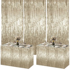 5pcs Champagne Gold Party Decoration Set,Champagne Gold Tinsel Foil Fringe Curtains Streamers Backdrop and Champagne Gold Fringe Table Skirt for Birthday Wedding Baby Shower Graduation Party Décor