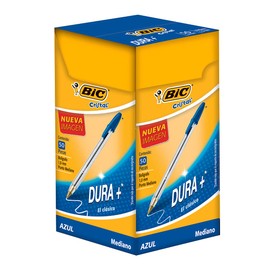 BIC Bolígrafo Cristal Dura + Punto Mediano 1.00 mm Cuerpo Hexagonal Tapa Ventilada para Evitar Asfixia Color Azul 50 Piezas