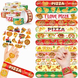 48 Pizza 24PCS Pizza Temporary Tattoos Sticker 24PCS Slap Bracelets Perfect for Themed Birthday Baby Showers or Classroom Rewards Ideal Decor and Gifts for Girls and Boys