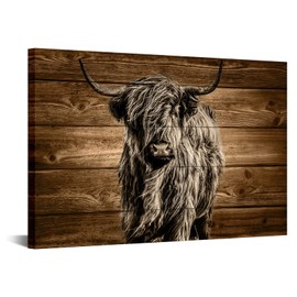 KREATIVE ARTS Highland Cow Wall Art Canvas Sepia Longhorn Cattle Painting Vintage Wood Background Giclee Prints Large 24x36 Farmhouse Decor Ready to Hang