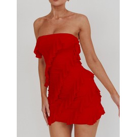 HOCILLE Women's Sexy Strapless Tube Top Bodycon Sleeveless Ruffle Mini Party Dress, Small, Red
