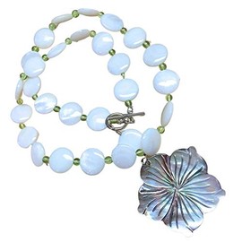 Natural Carved Abalone Shell, Mother of Pearl, Peridot 925 Solid Sterling Silver Necklace 19 3/4"