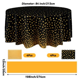 Preboun 4 Sets Satin Table Runner and Plastic Round Tablecloths Set 84 Inch Disposable Gold Polka Dots Table Cover for Wedding Bridal Shower Birthday Party Decorations (Black,Gold)