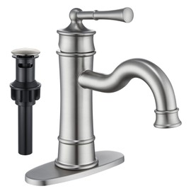 NAUKWAN Bathroom Sink Faucet, Single Handle 1 or 3 Hole Vanity Basin Faucets with Deck Plate, Vintage Long Arc Spout Solid Brass Faucet for Sink with Pop-up Drain Assembly Brushed Nickel NL-2201BN