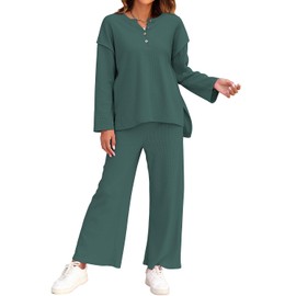 ROYLAMP Womens 2 Piece Outfits Fall Long Sleeve Button Crew Neck Top Long Pant Trendy Matching Casual Sweatsuit Tracksuits Sets Dark Green S