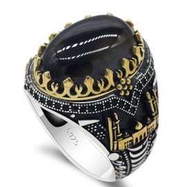 Qida Natural Agate S925 Pure Silver Black Agate Stone Men's Ring Vintage Castle Men's Ring Gothic Unique Bracelet (Size 11)
