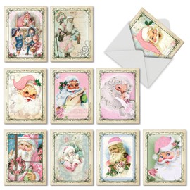 The Best Card Company - 10 Santa Christmas Note Cards with Envelopes - Assorted Boxed Set, Kids Holiday Cards (4 x 5.12 Inch) - Pink Kringle M6695XSG